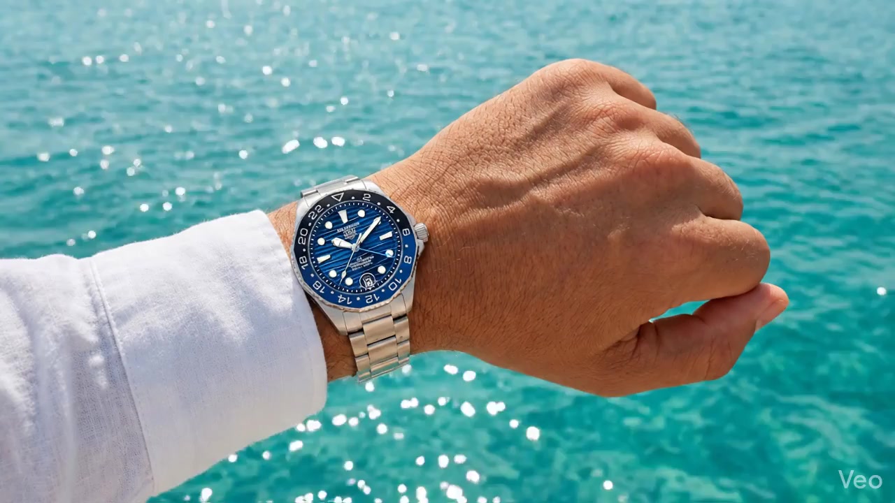 Blue dive watch on a wrist over turquoise water, video first frame