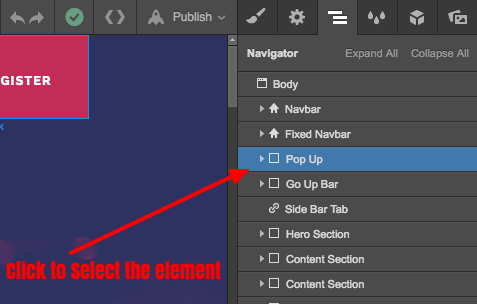 Screenshot of web design tool highlighting the Pop Up element in the Navigator panel.