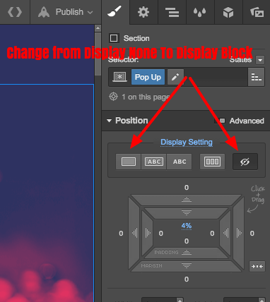 Web design interface showing position settings with arrows indicating change from display none to display block.