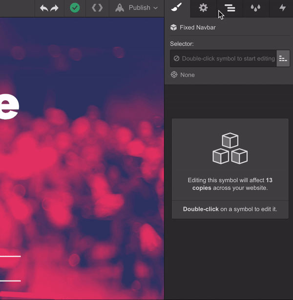 Editor interface showing fixed navbar settings and symbol editing affecting 13 copies on the website.