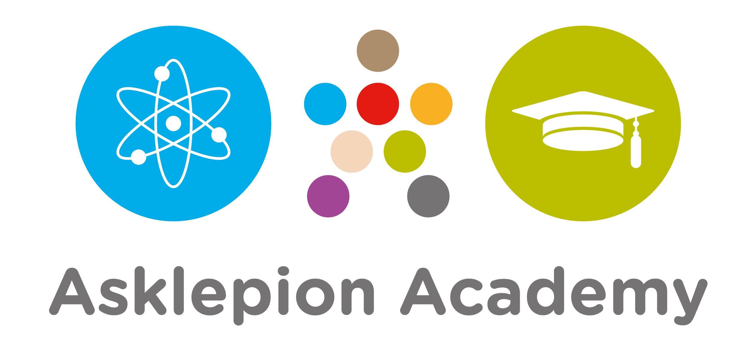 Logo Asklepion Academy se symbolem atomu, barevnými kruhy a absolventskou čepicí.