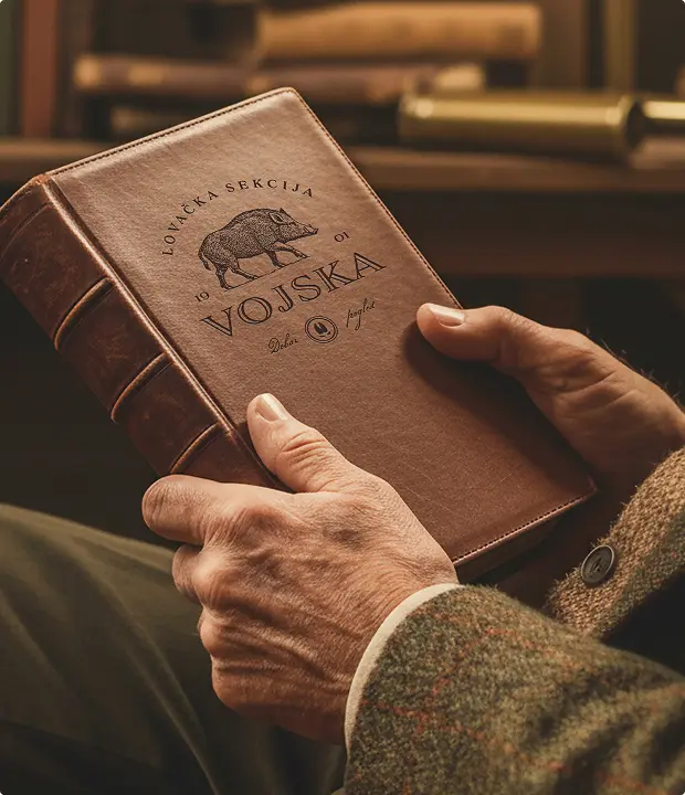 Hands holding a brown leather-bound book titled 'VOJSKA' with a wild boar illustration on the cover.