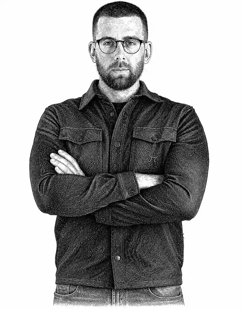Stefan with glasses and beard, arms crossed, wearing a buttoned jacket and jeans.
