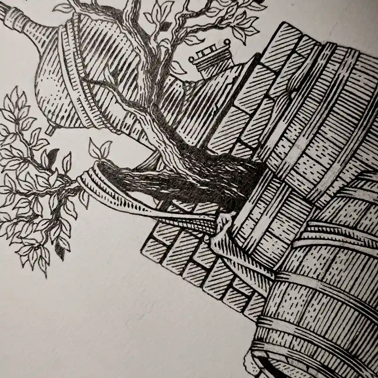 Black and white illustration of a tree growing through barrels and a bottle with a cork stopper.
