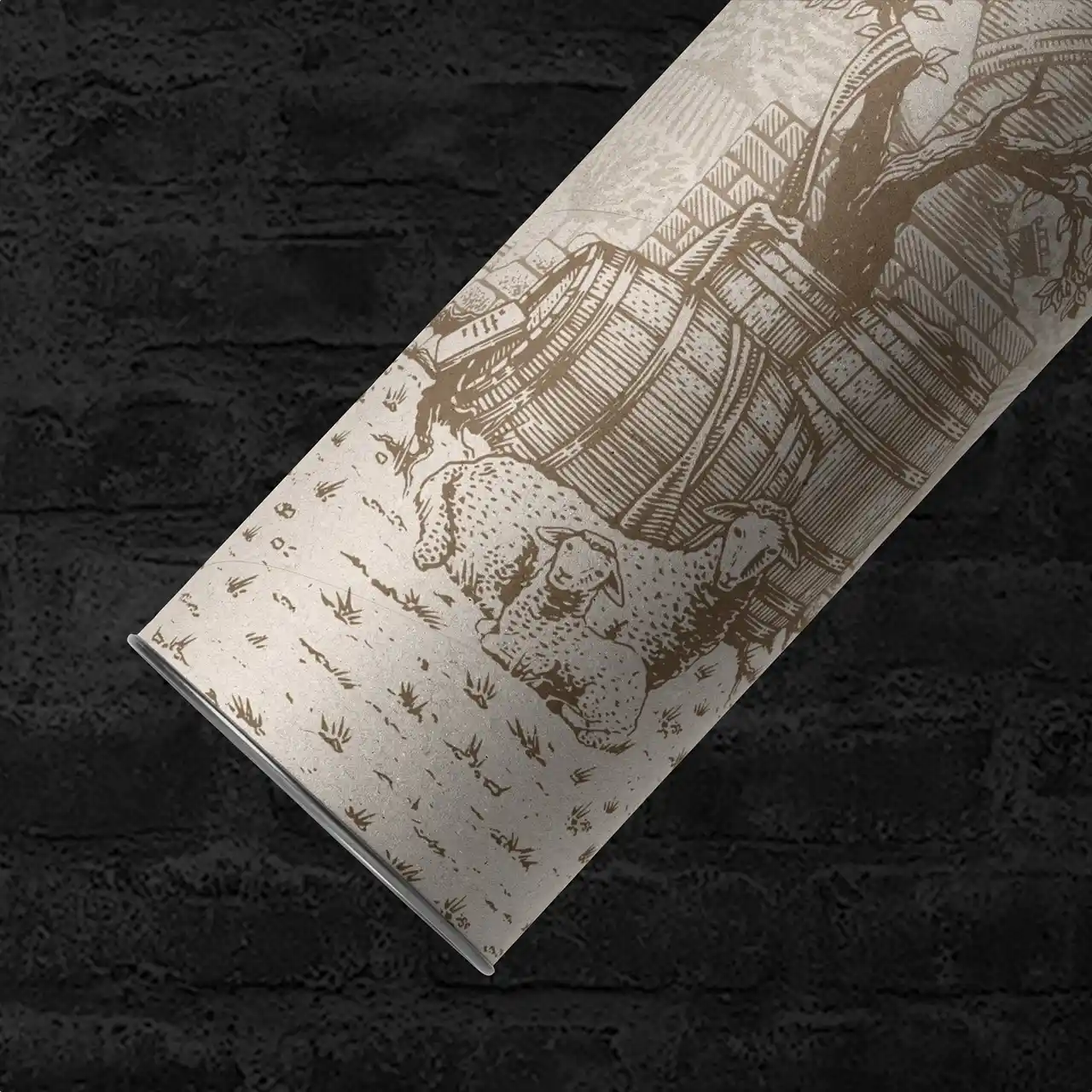 Illustration of two sheep resting near wooden barrels and a tree on textured white packaging box.