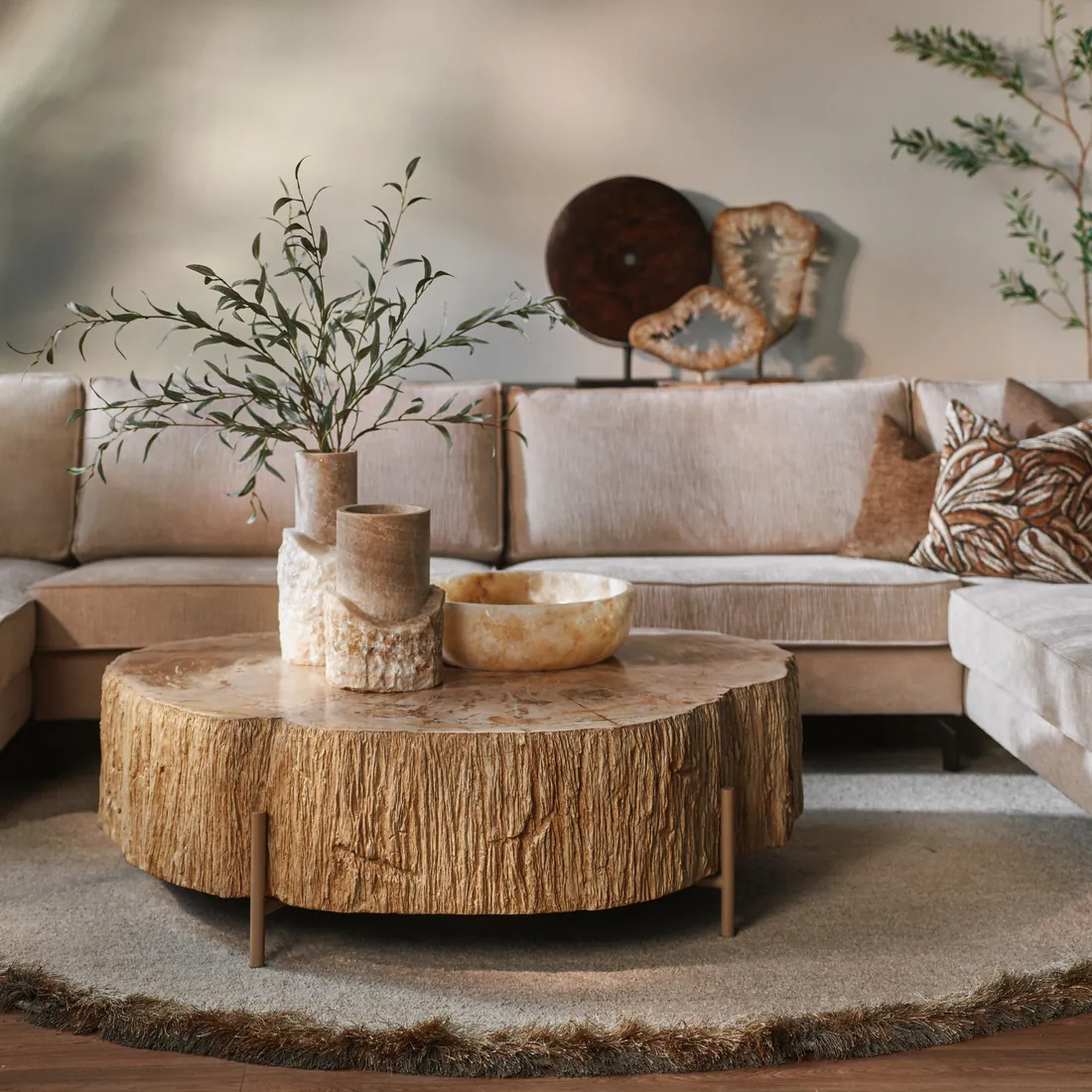 Lichte woonkamer met een salontafel van versteend hout en onyx objecten