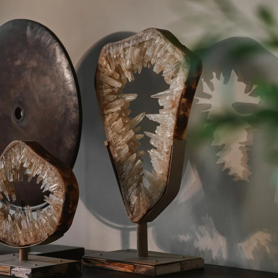 Geode-objecten van versteend hout en kwarts op standaard