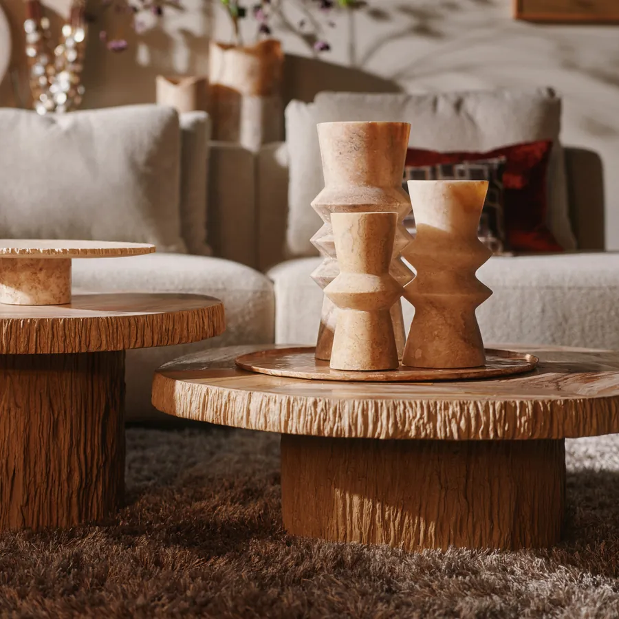 Salontafels van versteend hout met onyx objecten in een lichte woonkamer