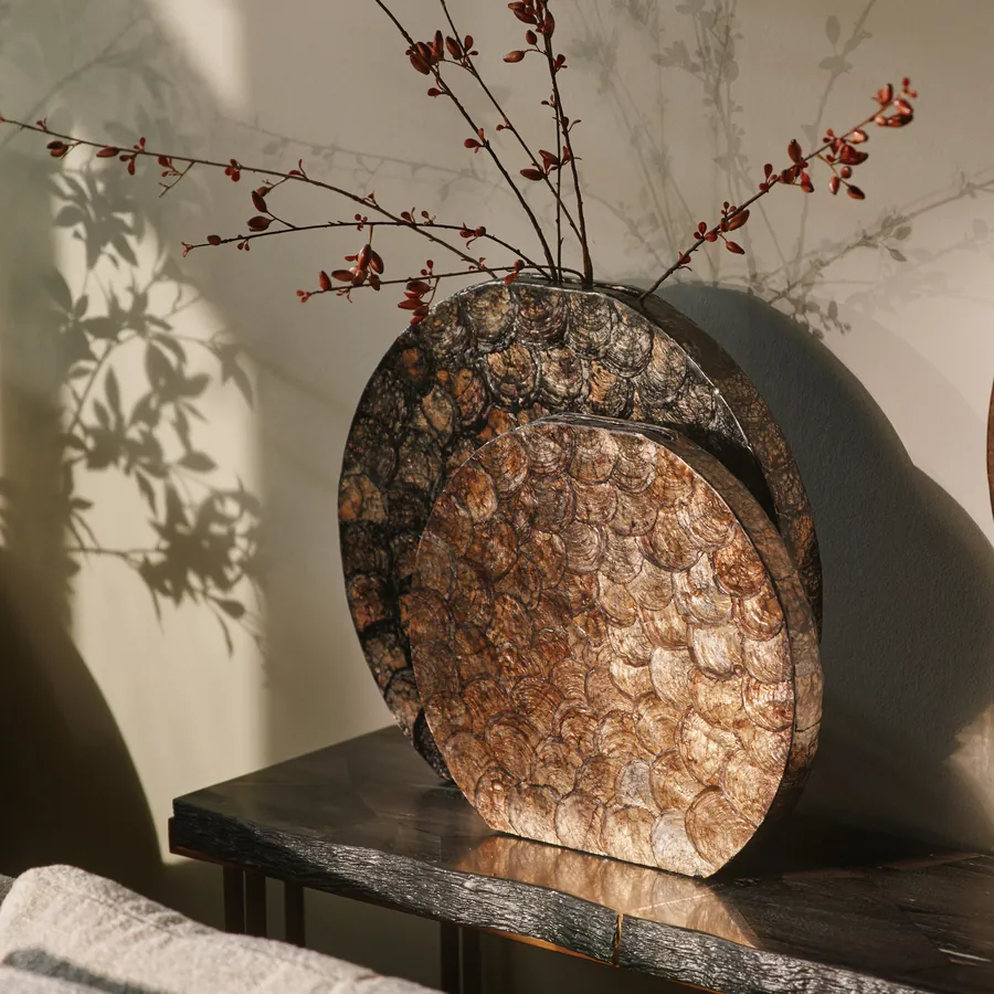 Schelpenschijf en vaas met takken op een dressoir