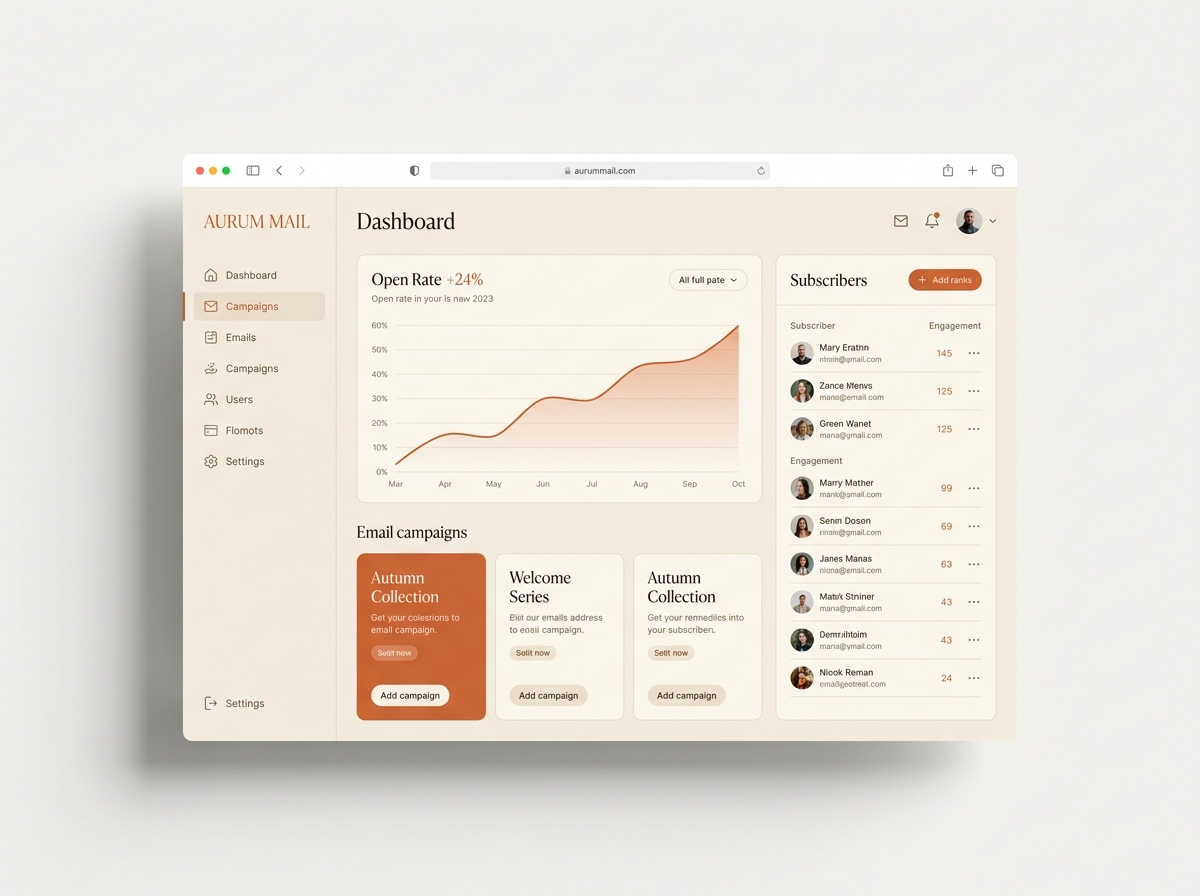 Email marketing dashboard with rising open-rate chart, styled in Brandxpanse warm terracotta tones