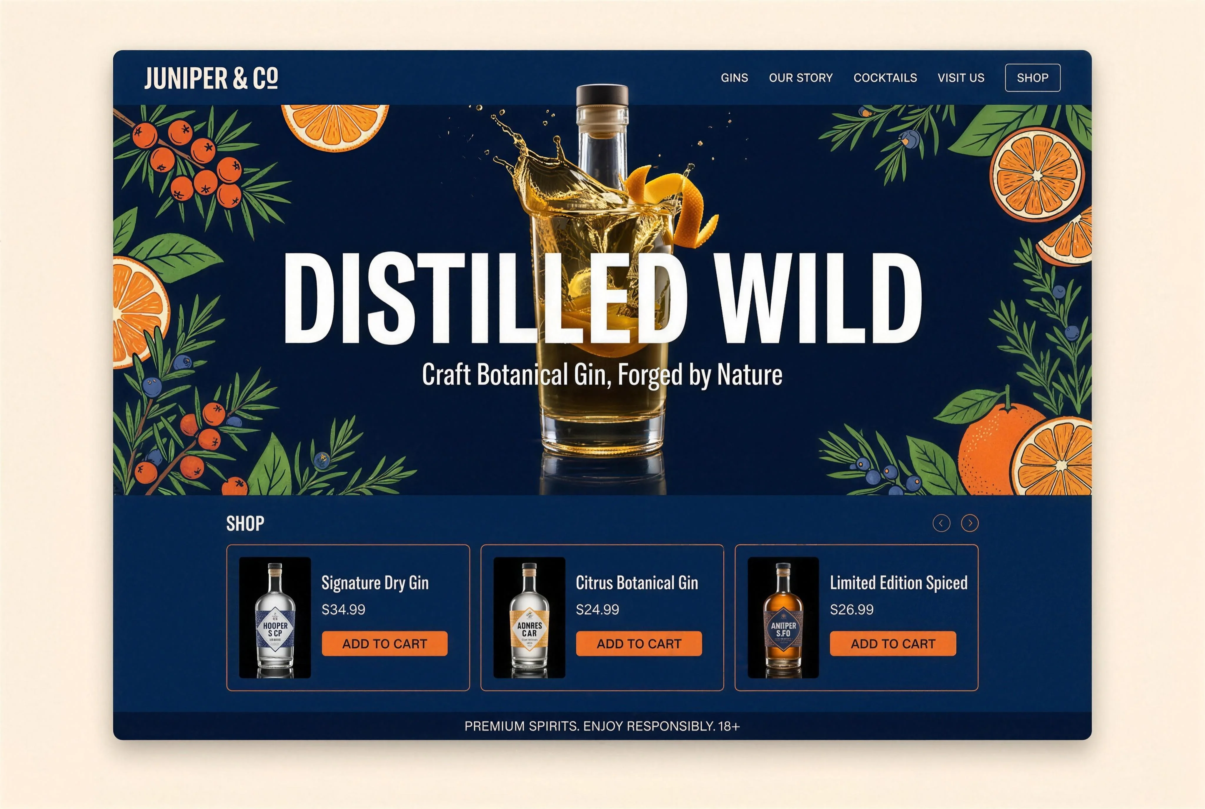 Concept home page for a craft gin brand in navy and citrus orange