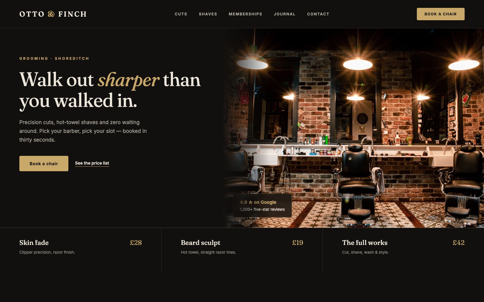 Otto and Finch grooming studio concept website with persuasive copy-led hero