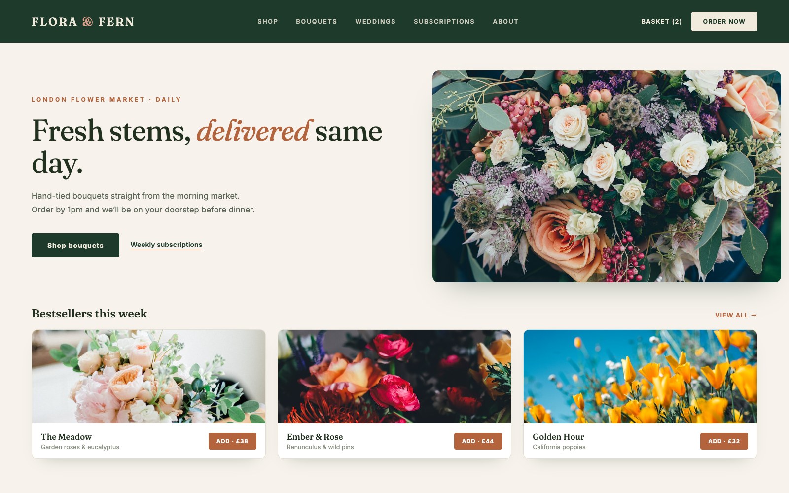 Flora and Fern florist e-commerce concept website with same-day delivery shop