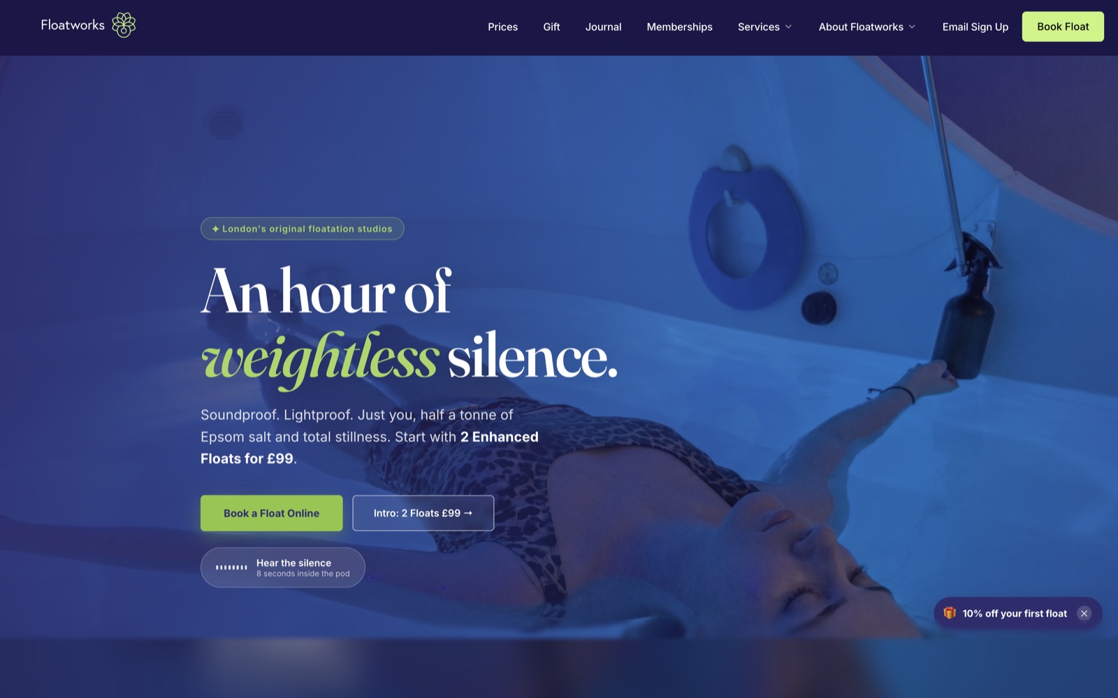 Floatworks flotation therapy studio website