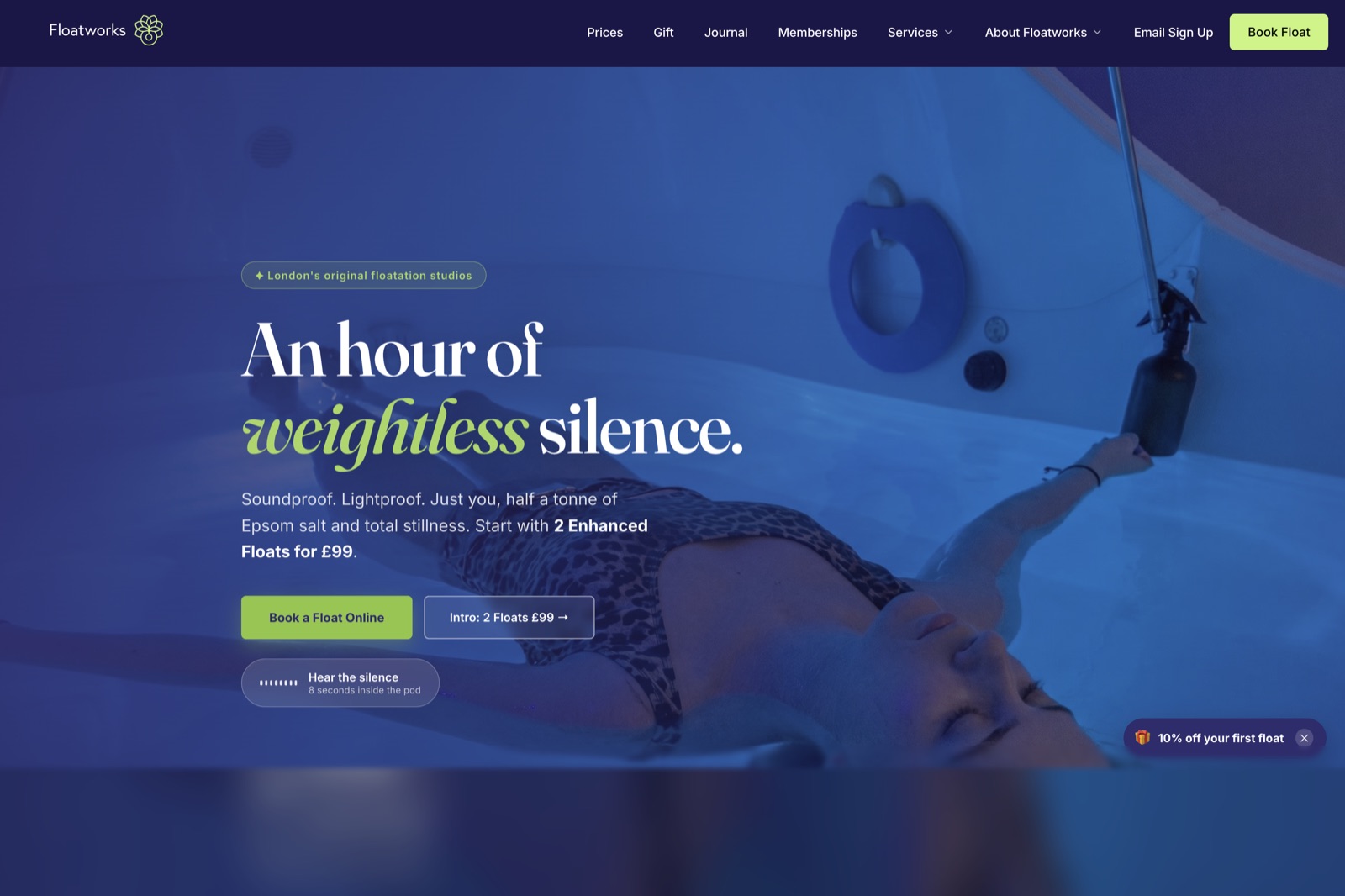Floatworks flotation therapy studio website, shown on desktop and mobile