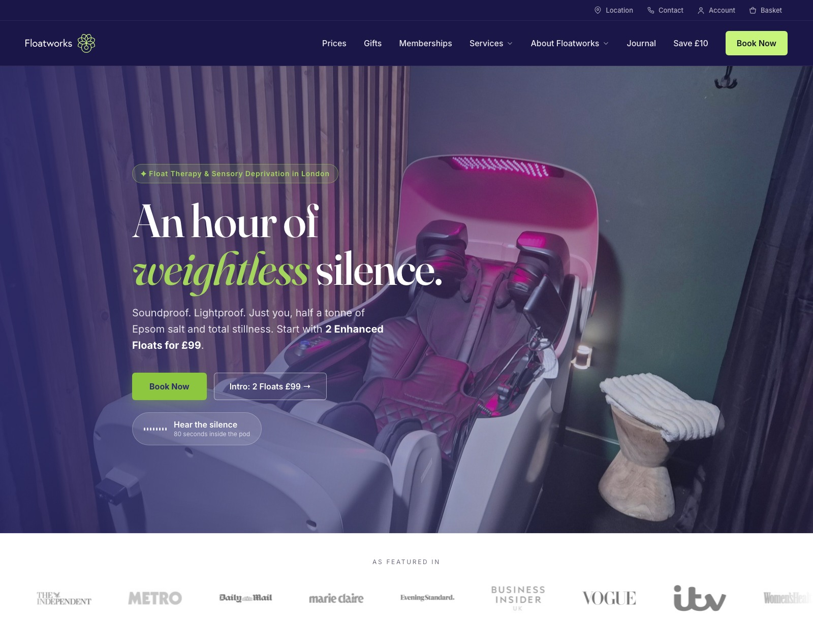 Floatworks float therapy studio website, designed and built by Brandxpanse