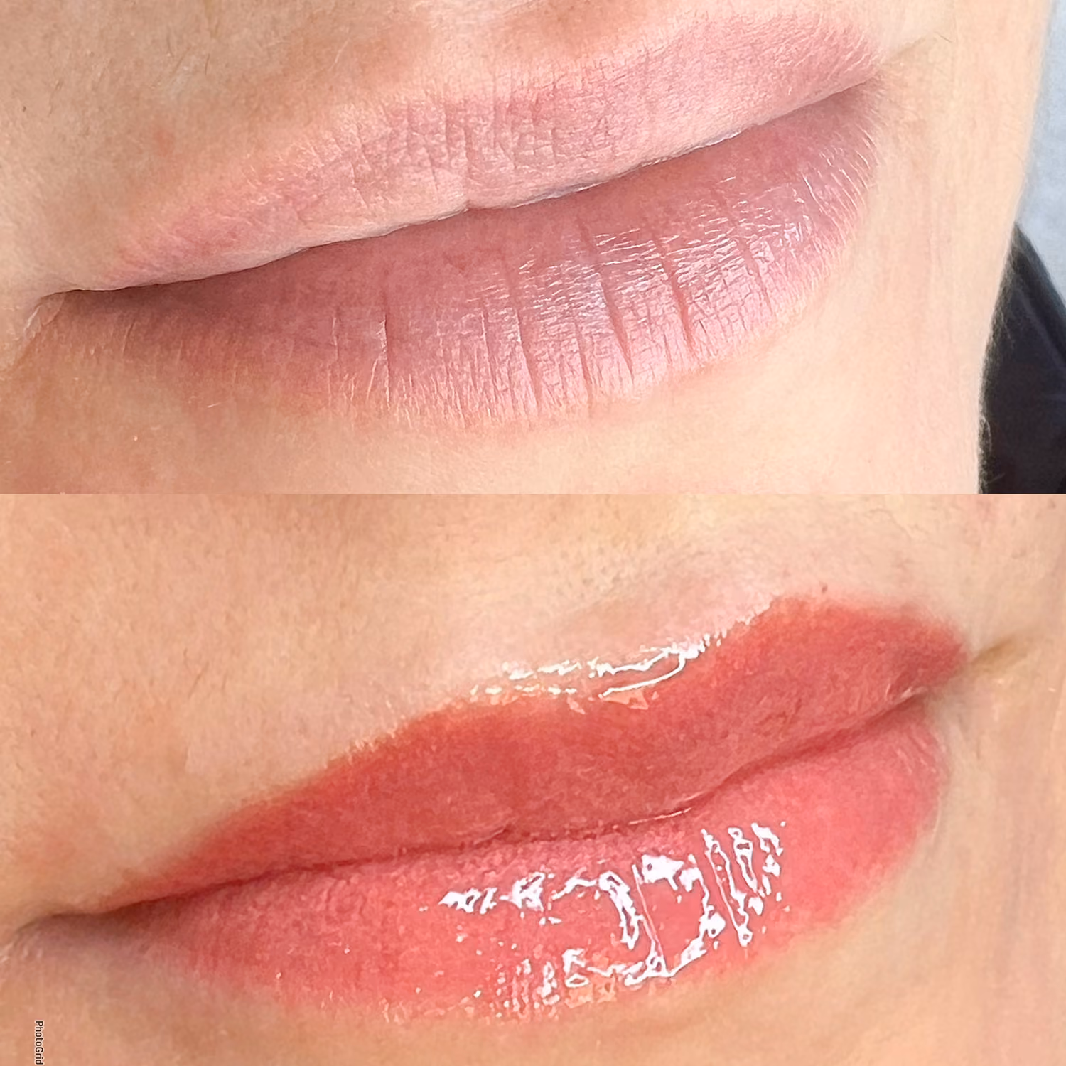 Close-up of lips before and after applying glossy red lipstick.
