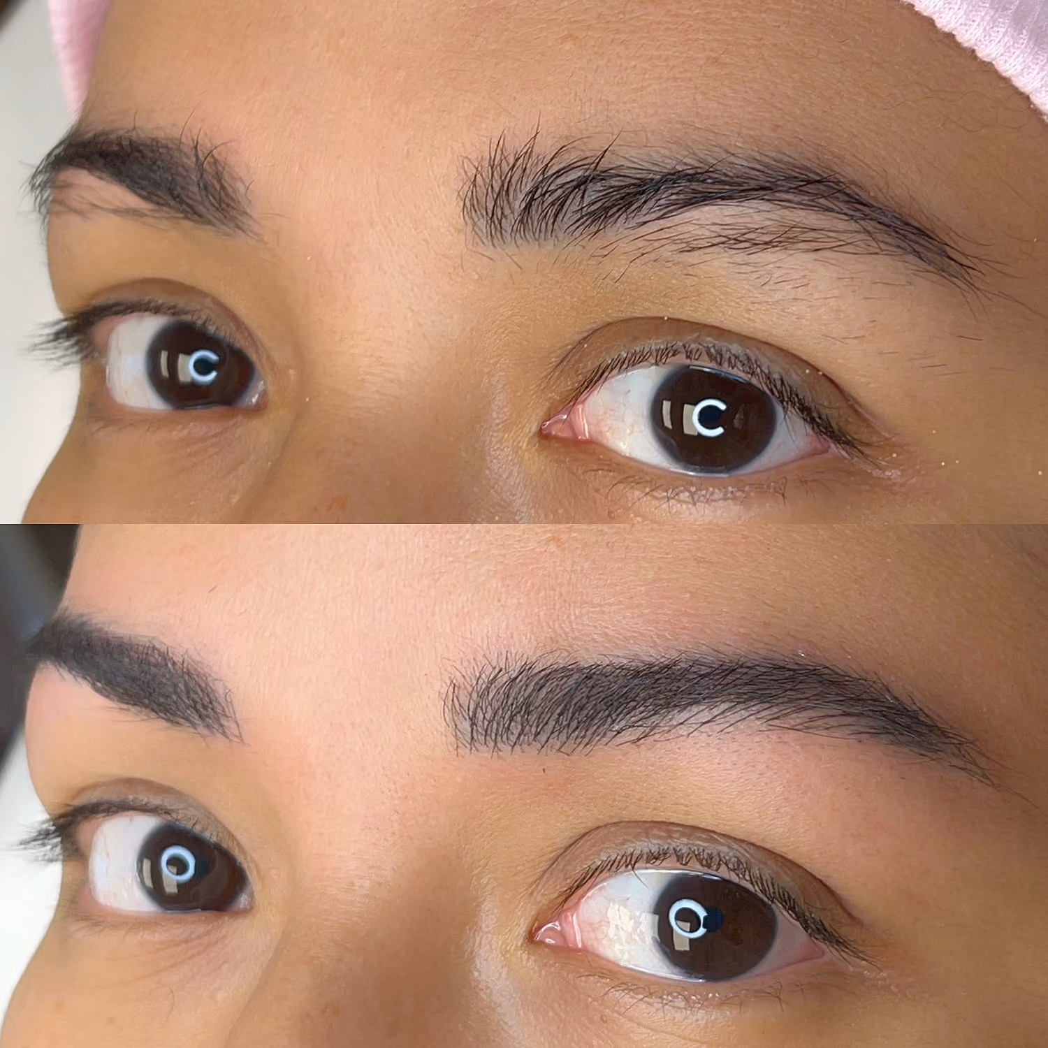 Close-up of eyes showing eyebrow transformation with fuller, shaped brows after grooming.