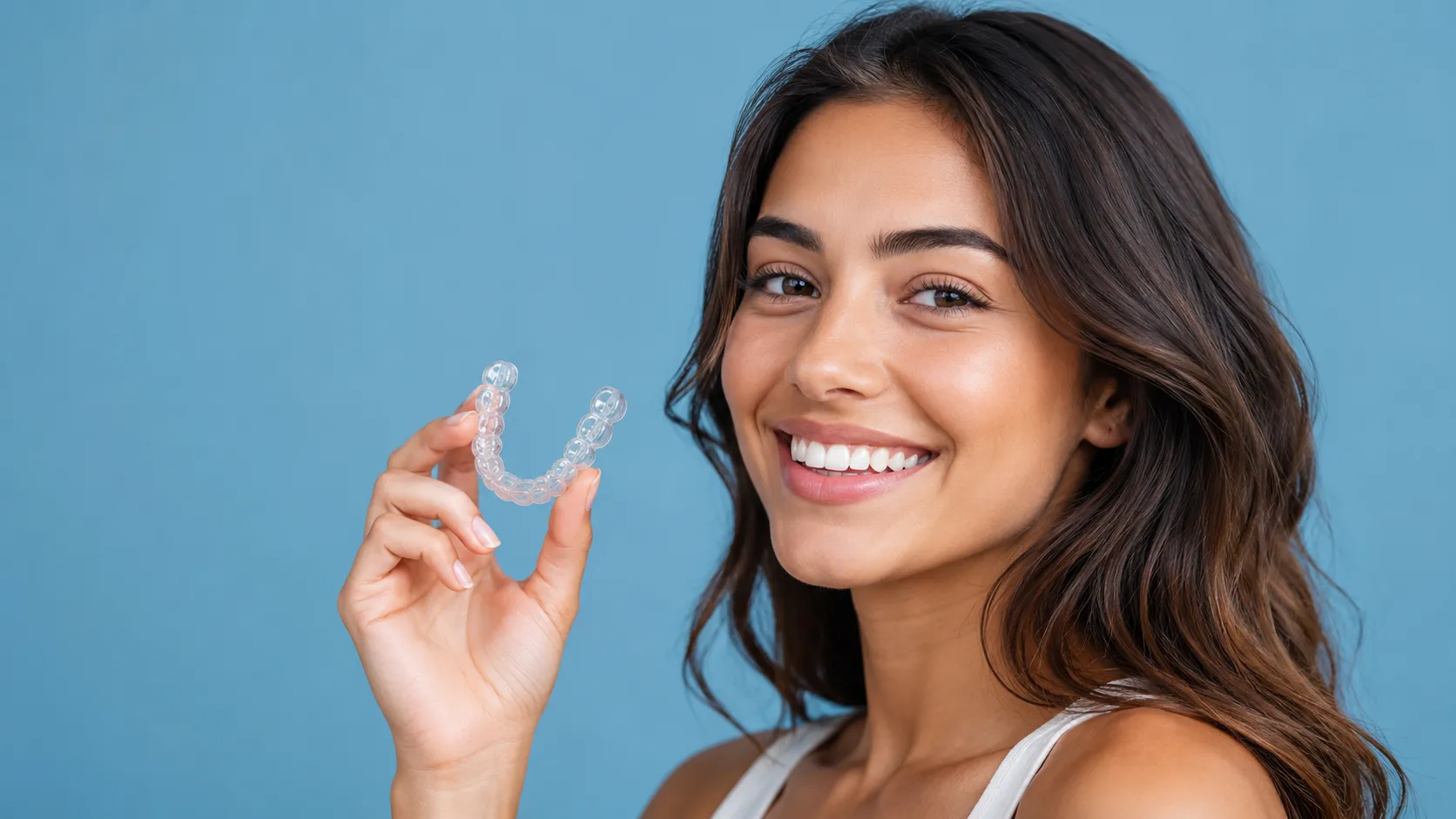 Close-up of a clear aligner tray being worn to gradually straighten teeth at Nova Dental Care of Vienna