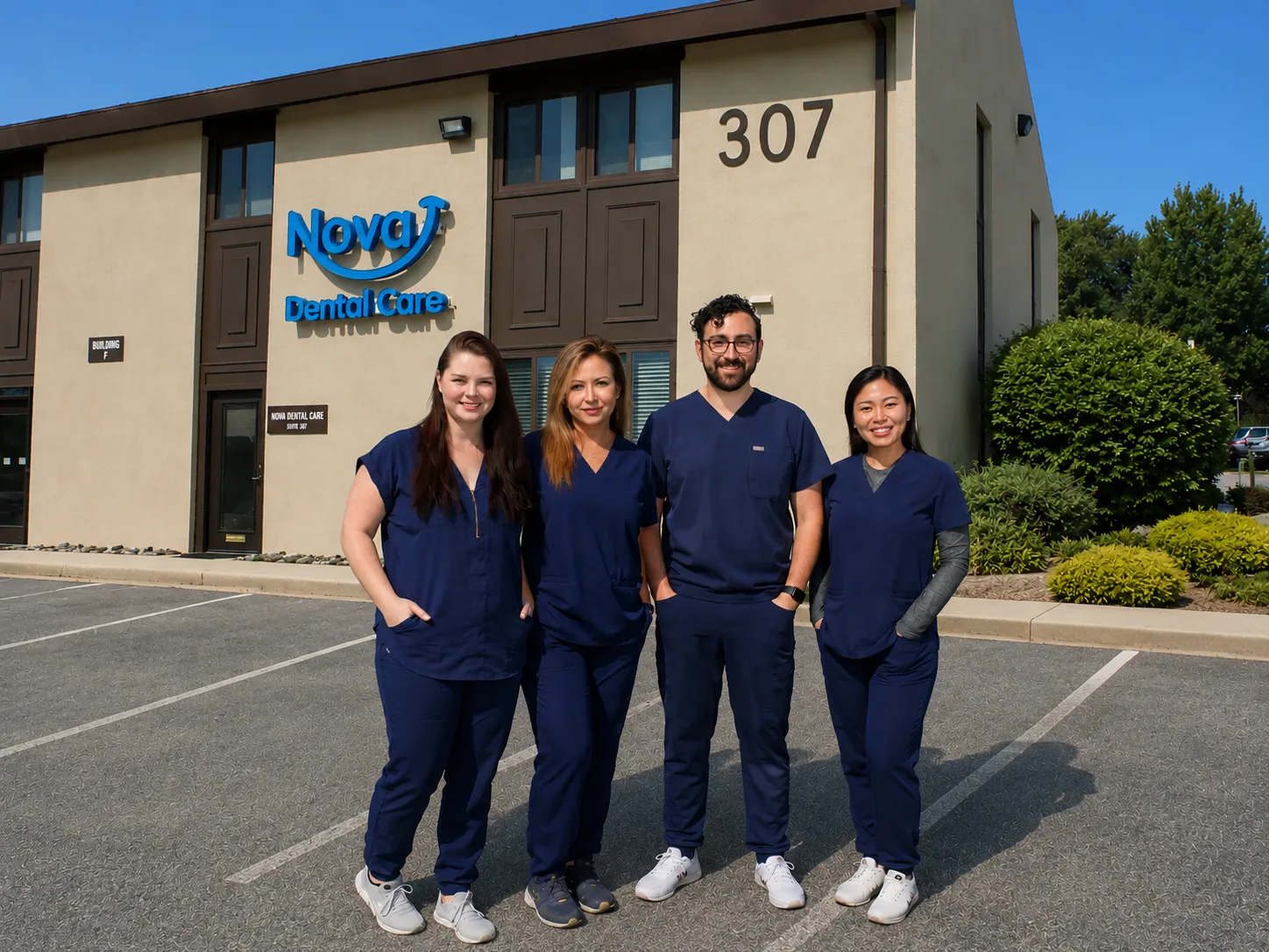 Four dental professionals in navy scrubs standing outside Nova Dental Care building, smiling at camera.