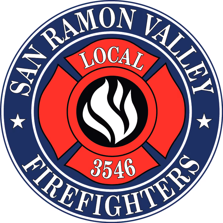 San Ramon Valley Firefighters emblem with red Maltese cross and white flame on blue circle background.