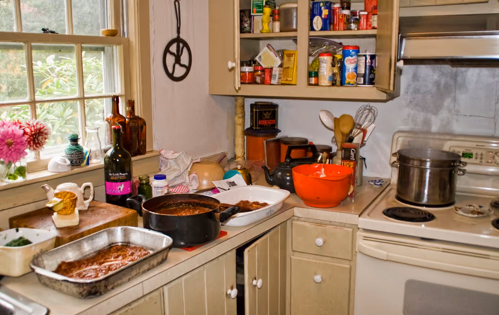 Cooking a meal together in a home kitchen