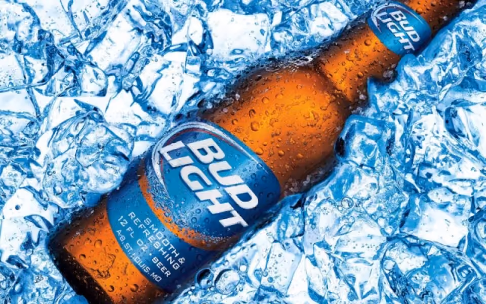 Bud Light beer bottle with water droplets on ice cubes, chilled and ready to serve.