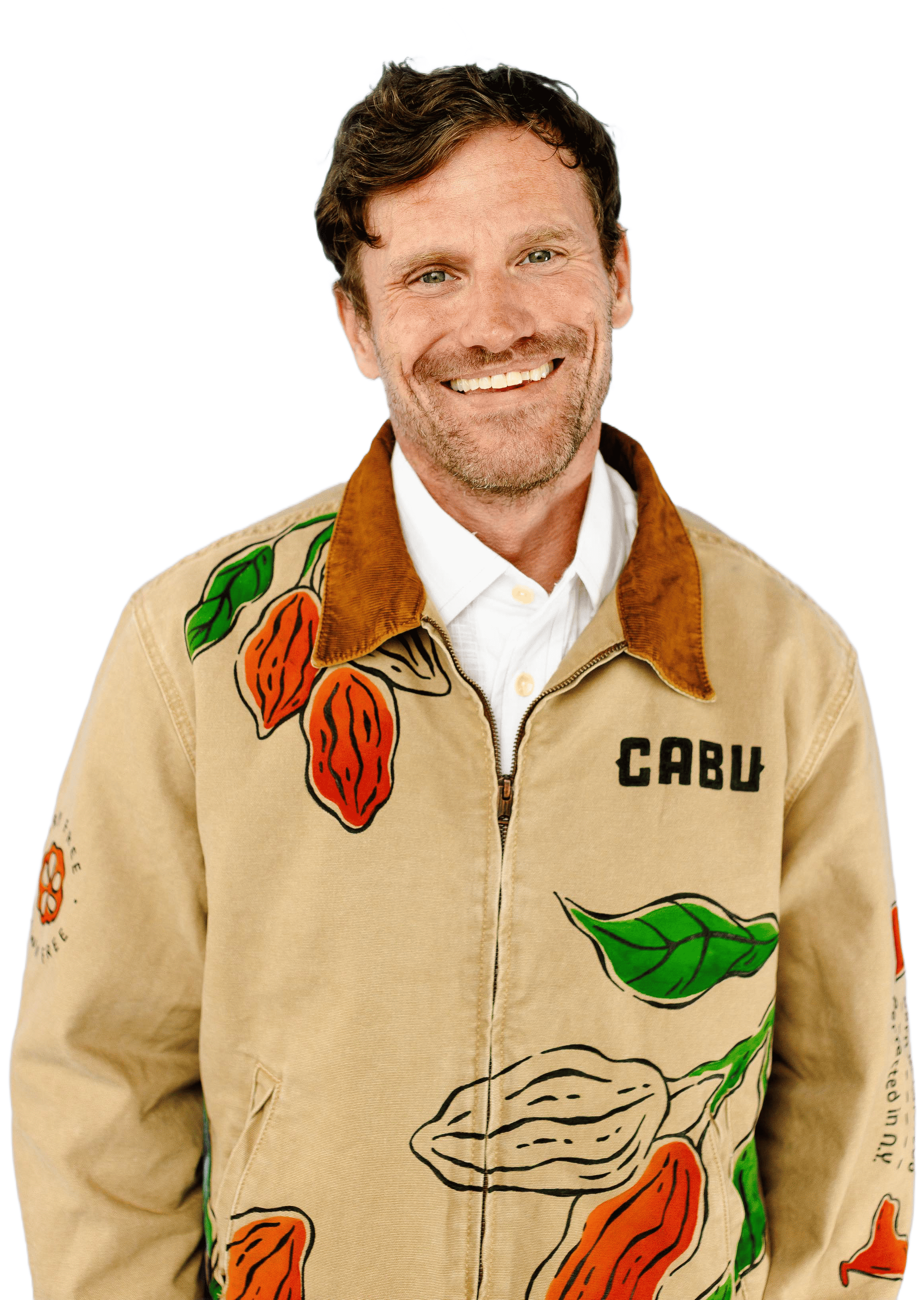 Smiling man with brown hair wearing a tan jacket with green and orange leaf designs and CABU logo.