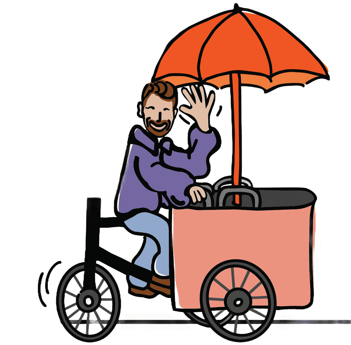 Smiling man waving while riding a coffee cart trike with an orange umbrella.