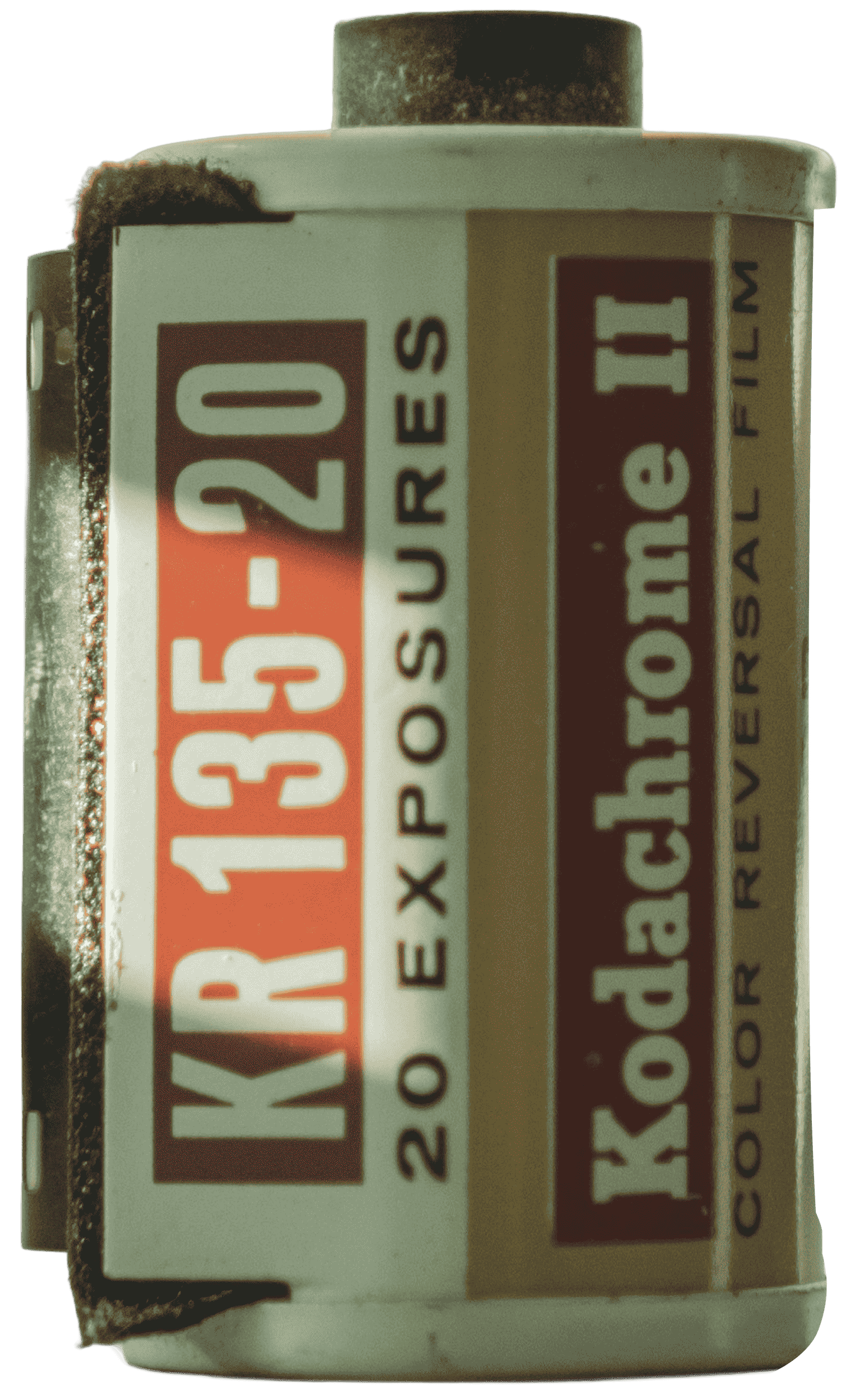 Kodachrome II color reversal film canister labeled KR 135-20 with 20 exposures.