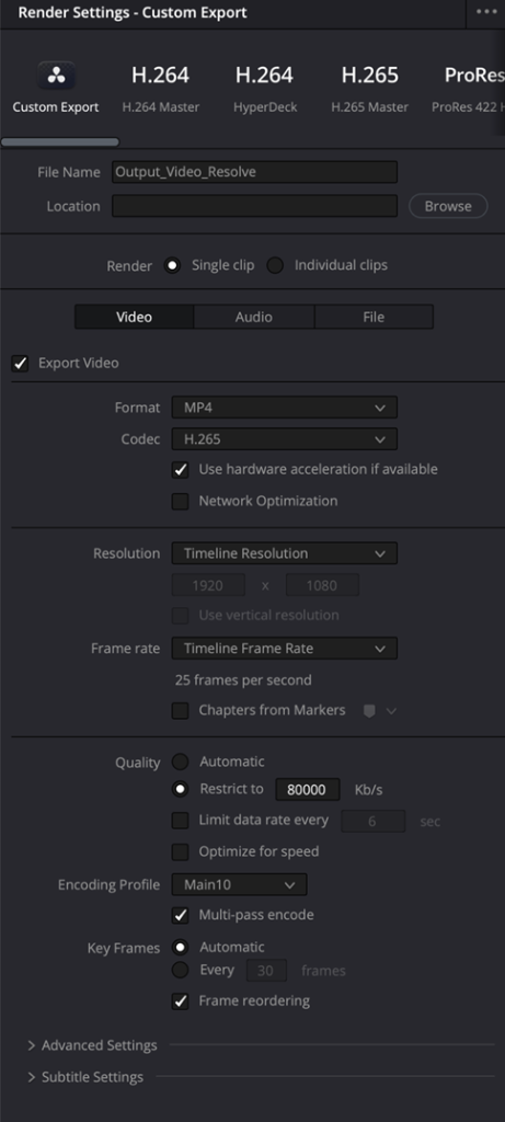 DaVinci Resolve Export Settings