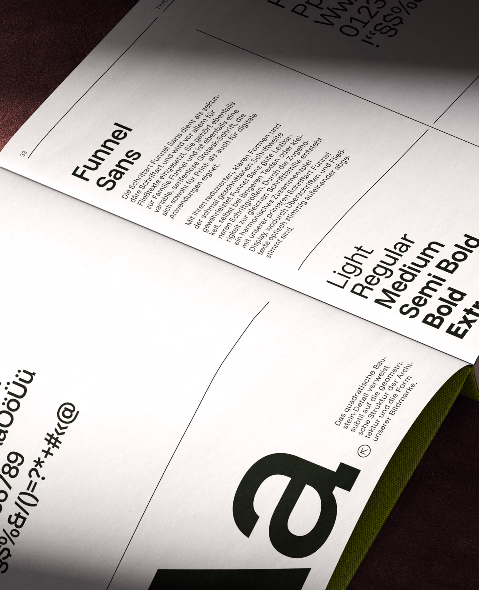 Pages from a style guide showing the Funnel Sans font family and its weights and description in German.