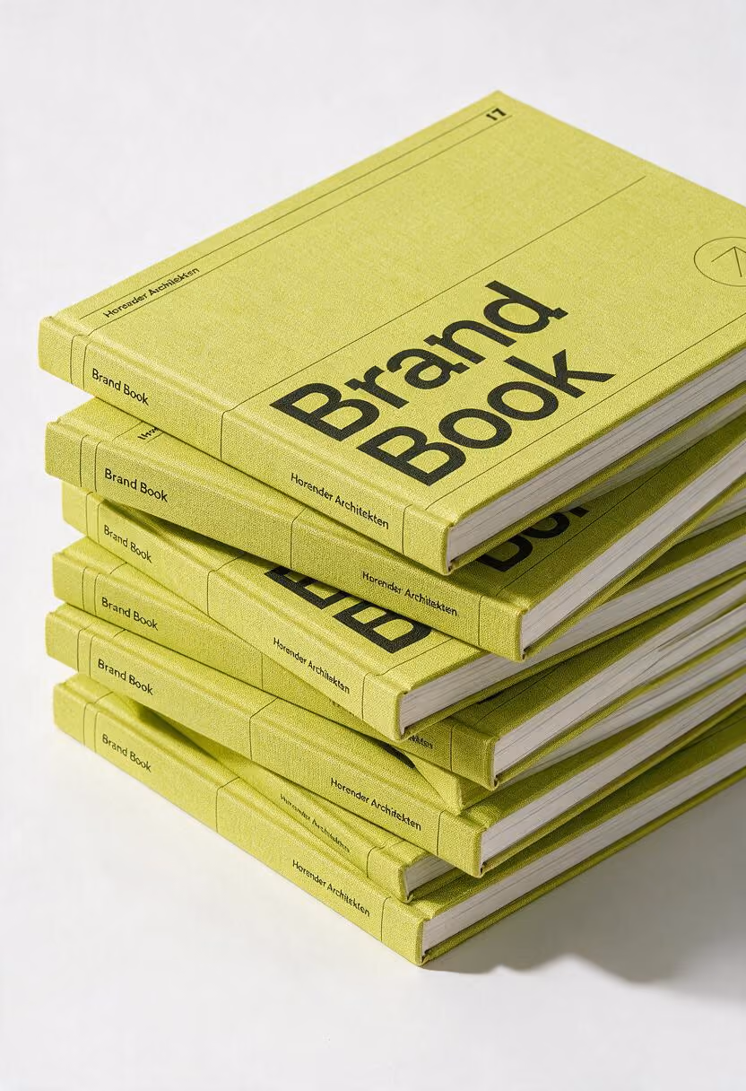 Stack of green hardcover books titled Brand Book by Horender Architekten on a white surface.