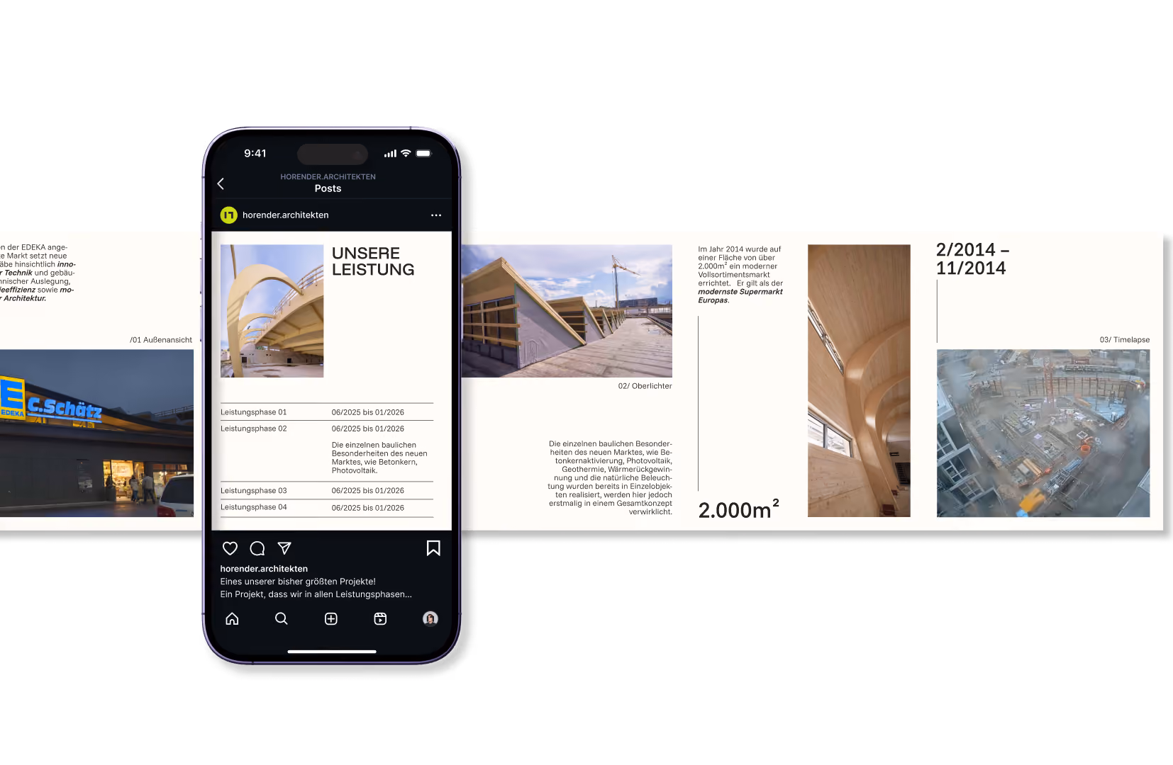 Smartphone zeigt einen Instagram-Beitrag eines Architekturbüros mit Projektbildern