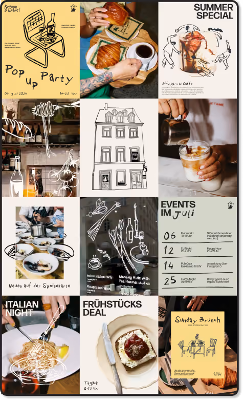 Instagram-Feed eines Cafés mit Beiträgen zu Pop-up-Party, Sommer-Special und Veranstaltungen