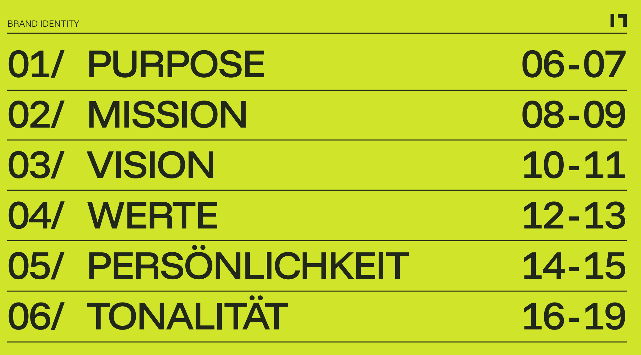 Brand identity sections listing purpose, mission, vision, values, personality, and tone with page numbers.