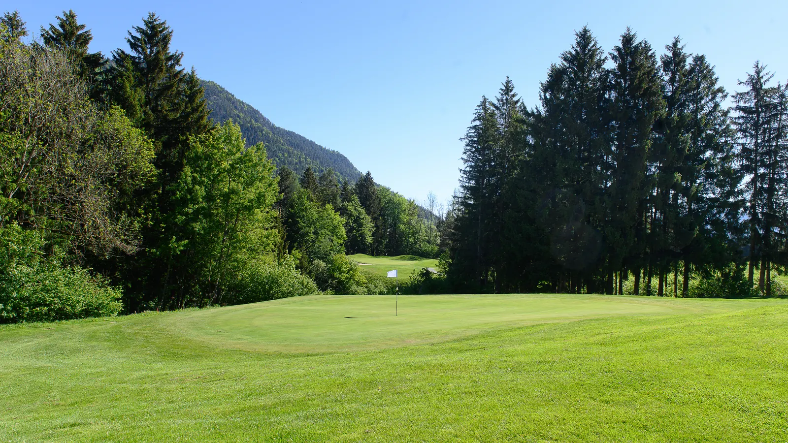 Golfgrün mit Fahne auf dem Golfplatz Senza Confini in Tarvisio