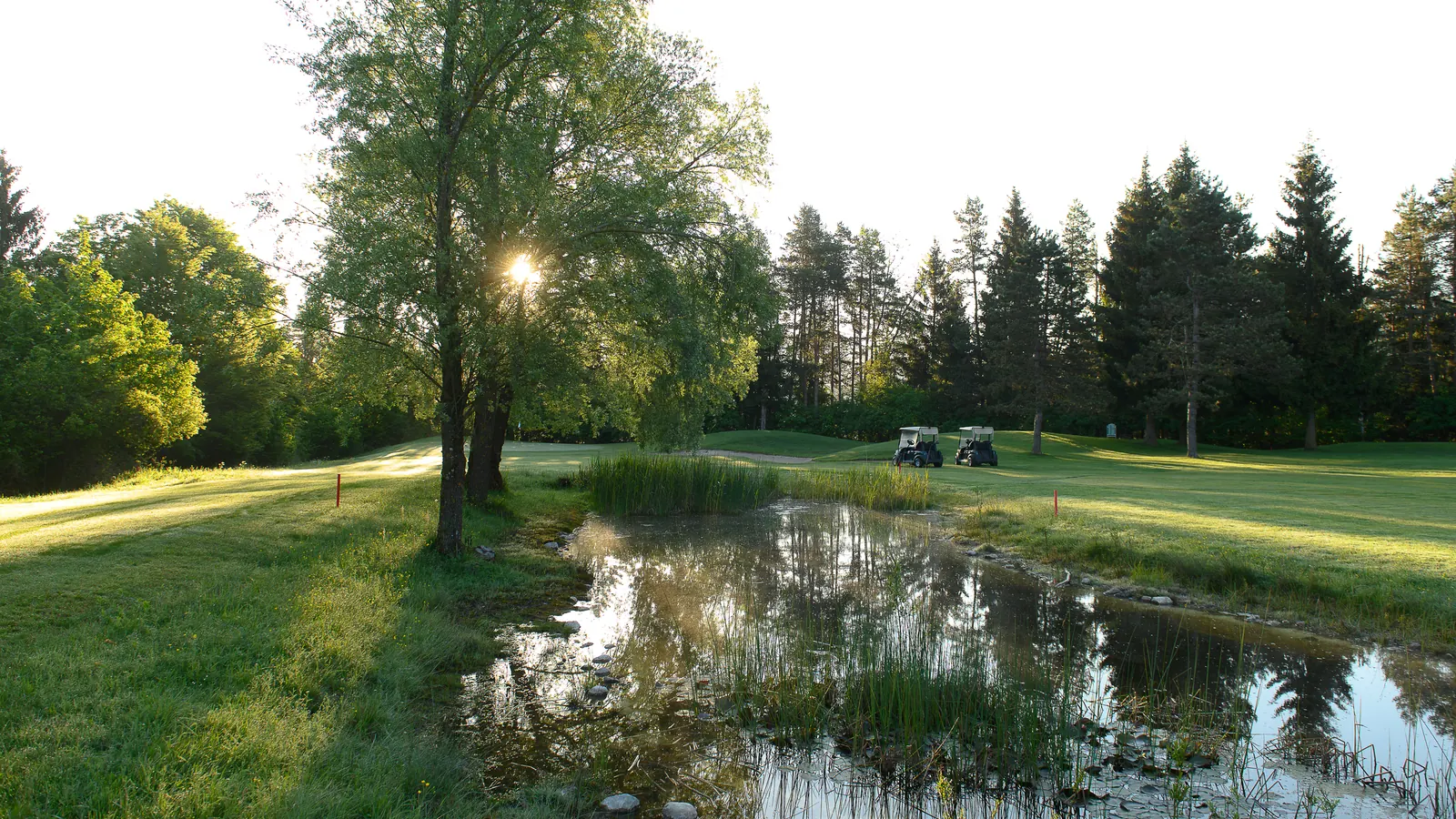 Naturteich mit Golfcarts auf dem Golfplatz in Tarvisio