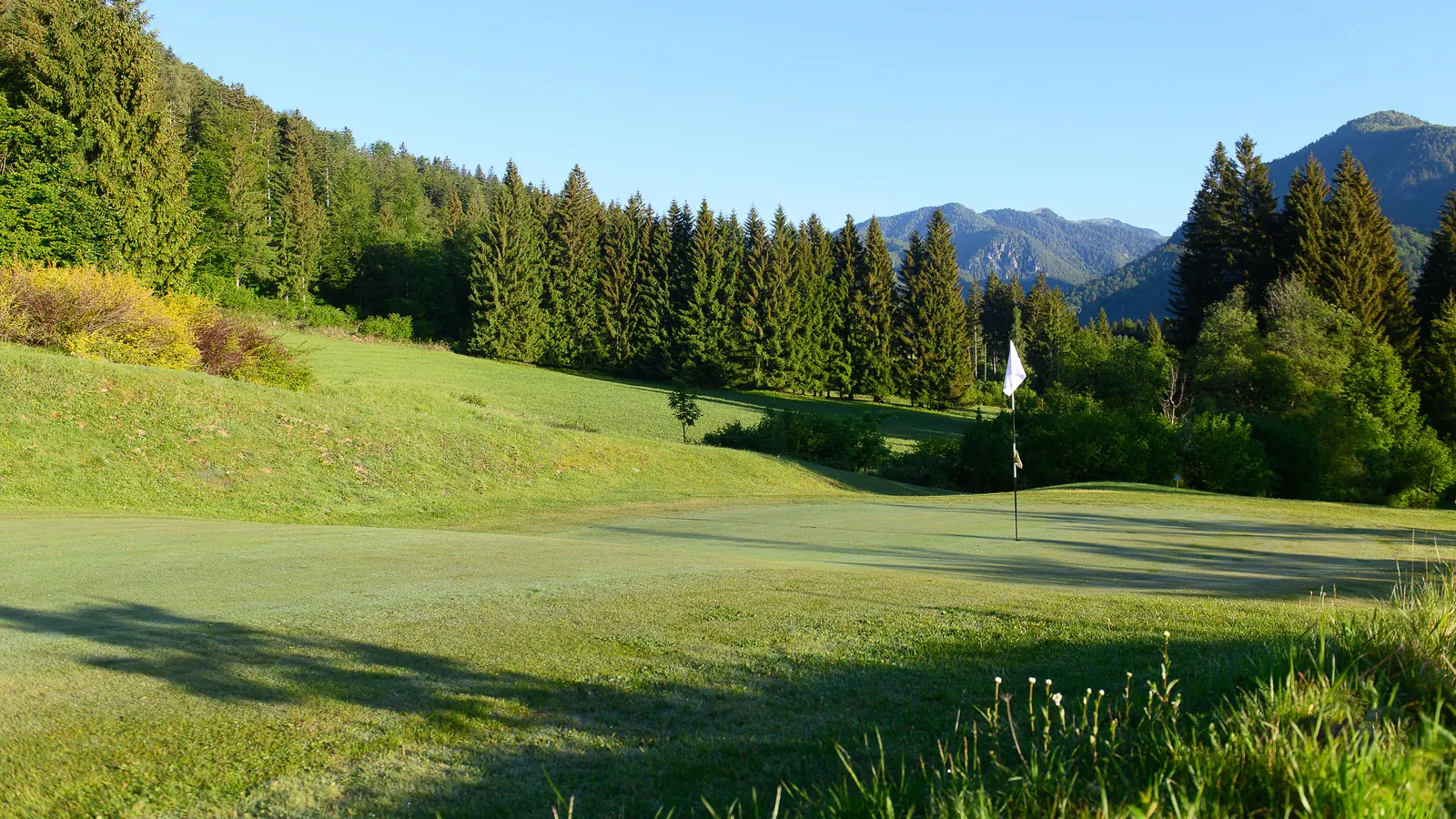 Golfgrün mit Fahne zwischen Wäldern und Bergen bei Tarvisio