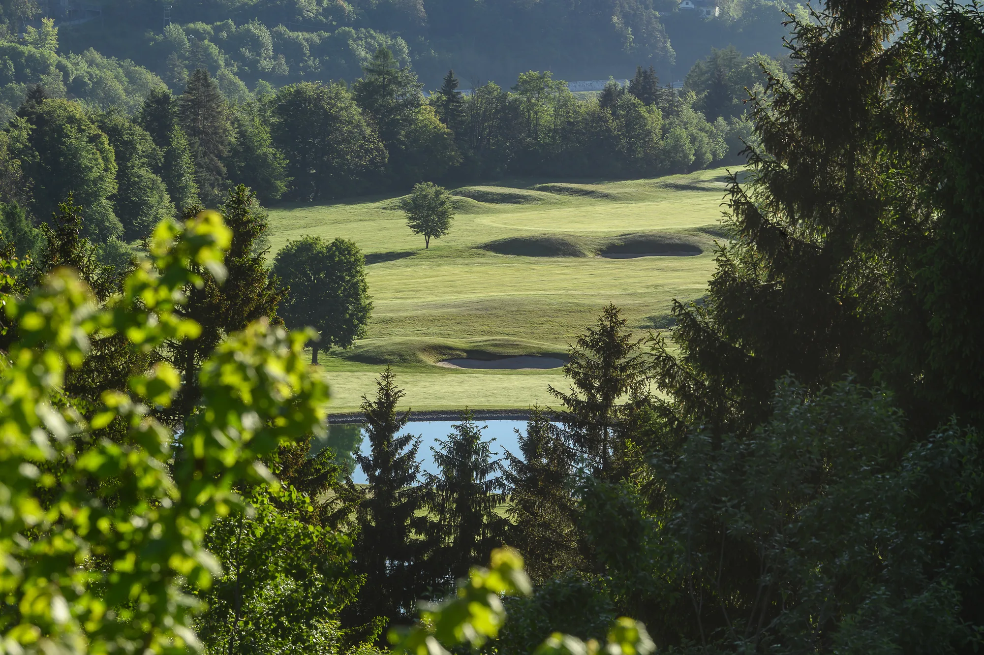 Blick durch Bäume auf Fairway, Sandbunker und einen Teich