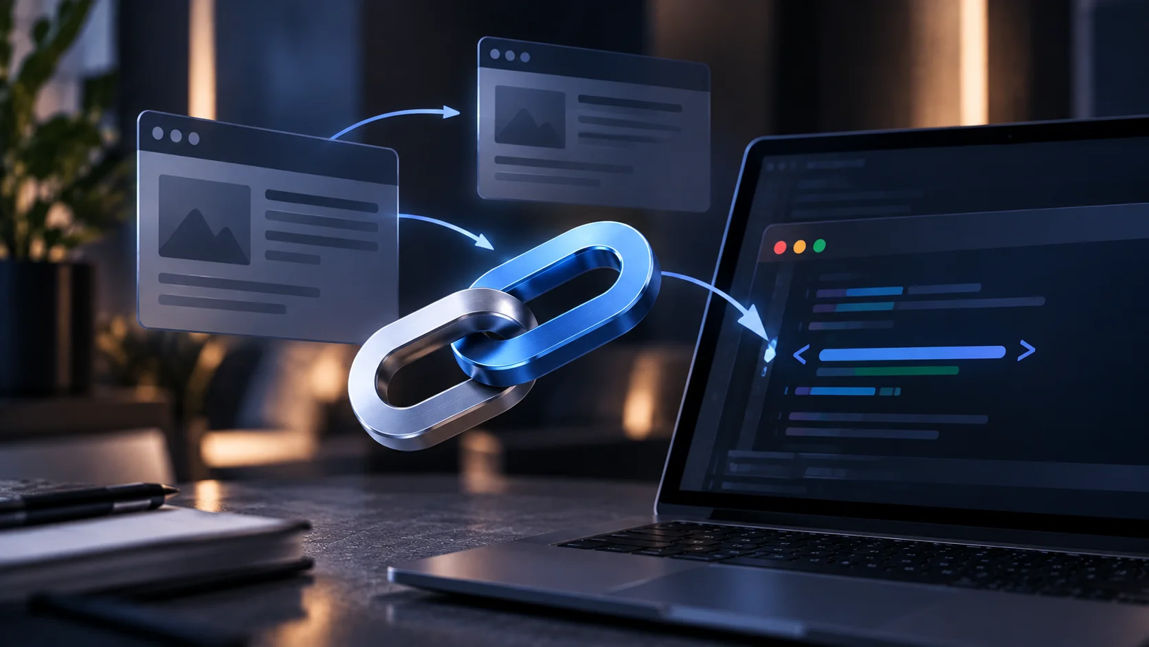 Zwei Kettenglieder, eines davon blau, zwischen Webseiten-Mockups und einem Laptop mit Code als Symbol für Links zwischen Seiten