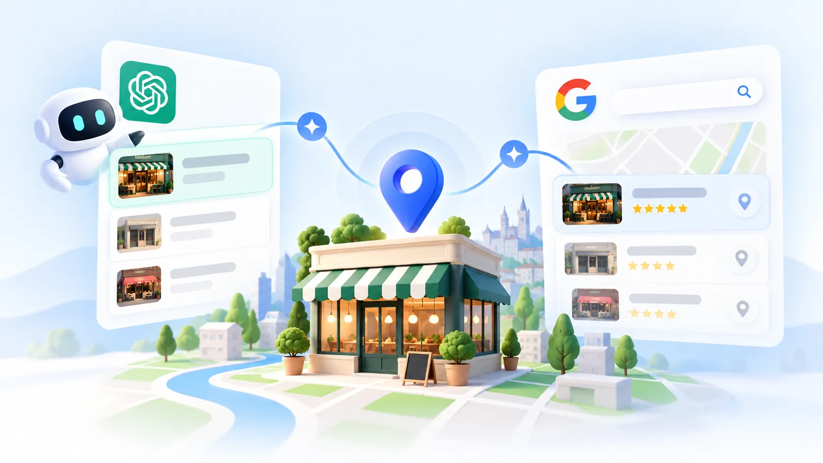 Illustration of a local shop linked by a location pin to ChatGPT recommendations and Google local results
