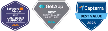 Three badges for 2025: Software Advice Best Customer Support, GetApp Best Functionality & Features, Capterra Best Value.