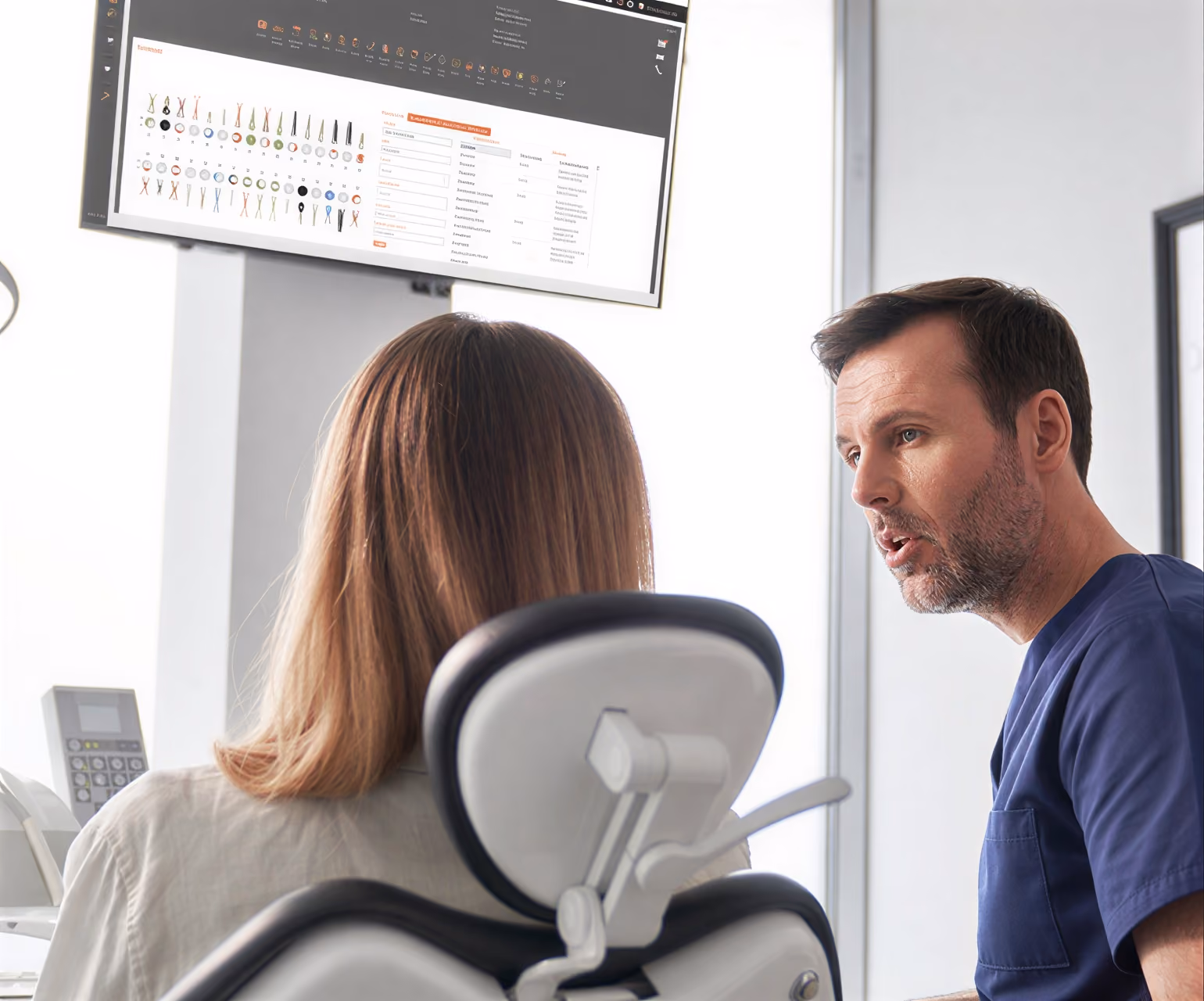 Person seated in a dental chair facing a monitor displaying dental tools and information.
