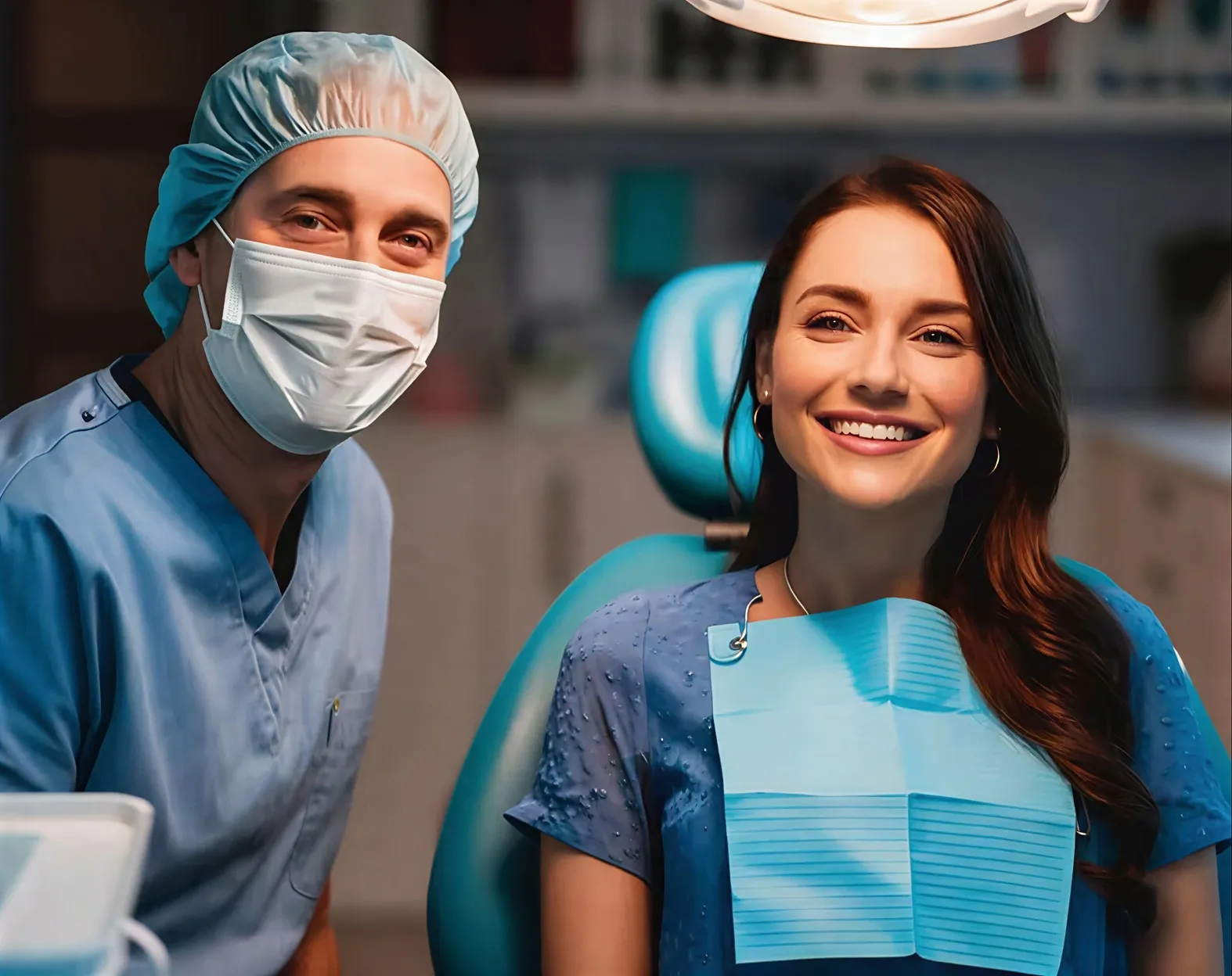 Smiling female dental patient sitting in chair with dentist in mask and scrubs beside her.