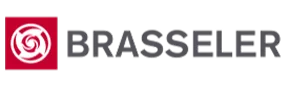 Brasseler company logo with a red square and a white circular abstract design.