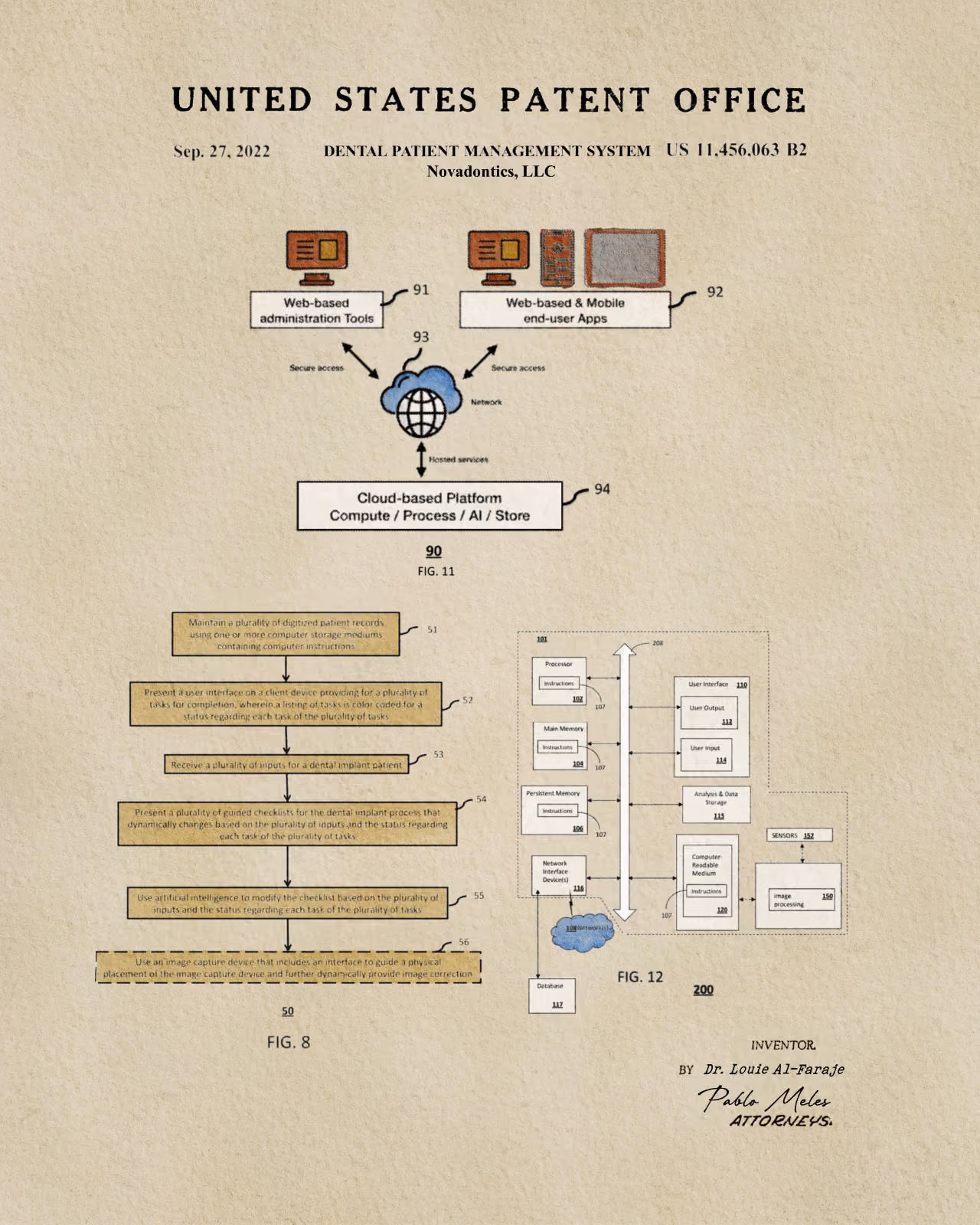 Diagram of a dental patient management system with cloud platform, apps, inputs, AI, and image processing.