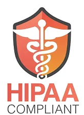 Shield with caduceus symbol and text reading HIPAA compliant below.