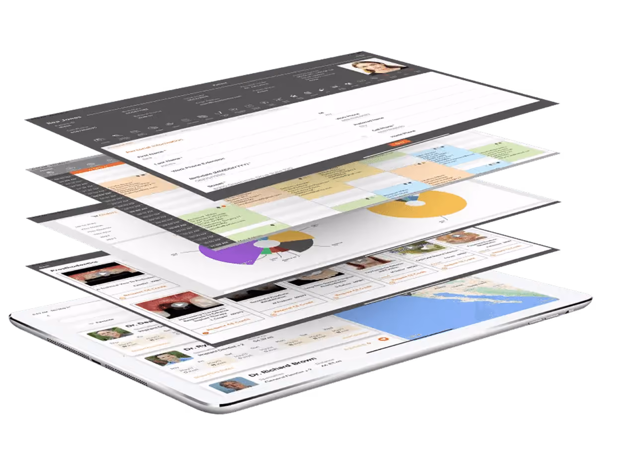 Layered views of a dental software dashboard showing patient info, charts, calendar, and a map.
