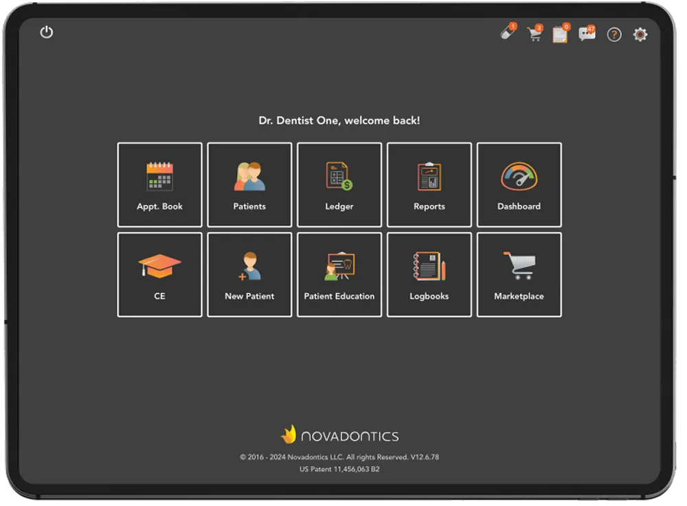 Novadontics app home screen on a tablet with tiles for appointment book, patients, ledger, reports, dashboard, continuing education, patient education, logbooks and marketplace.